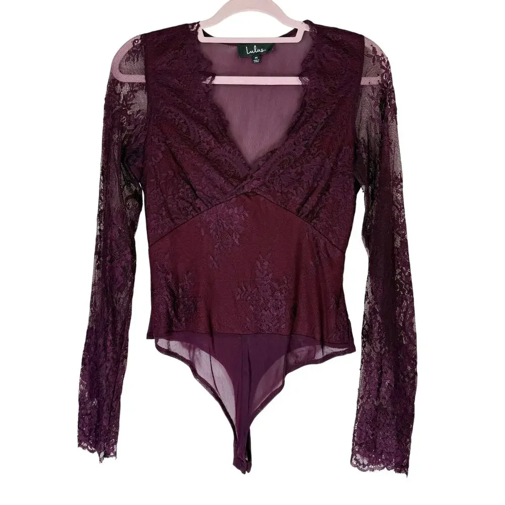 Lulus Burgandy Lace Long Sleeve Deep V-neck Bodycon Bodysuit One Piece Size M‎